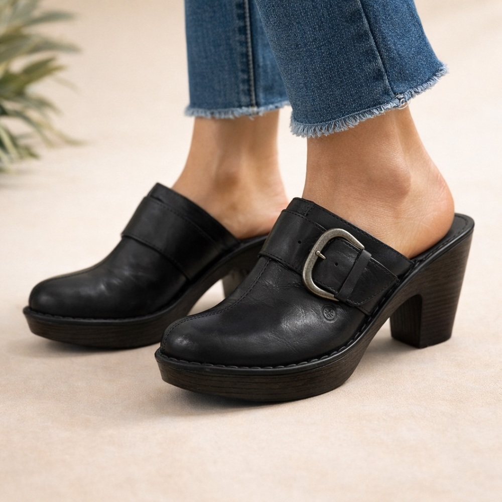 NEW Black Leather Biker Clogs 3.5 Chunky Heel Buckle Moto Platform Shoes Sz 8